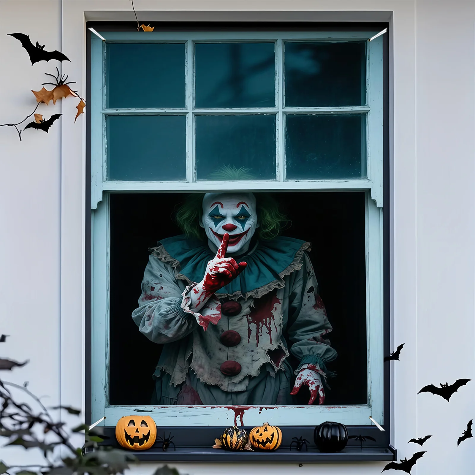 1 piece of 2D window sticker, Halloween party sticker‑self‑adhesive PVC with spooky carnival clown and blood‑splatter design