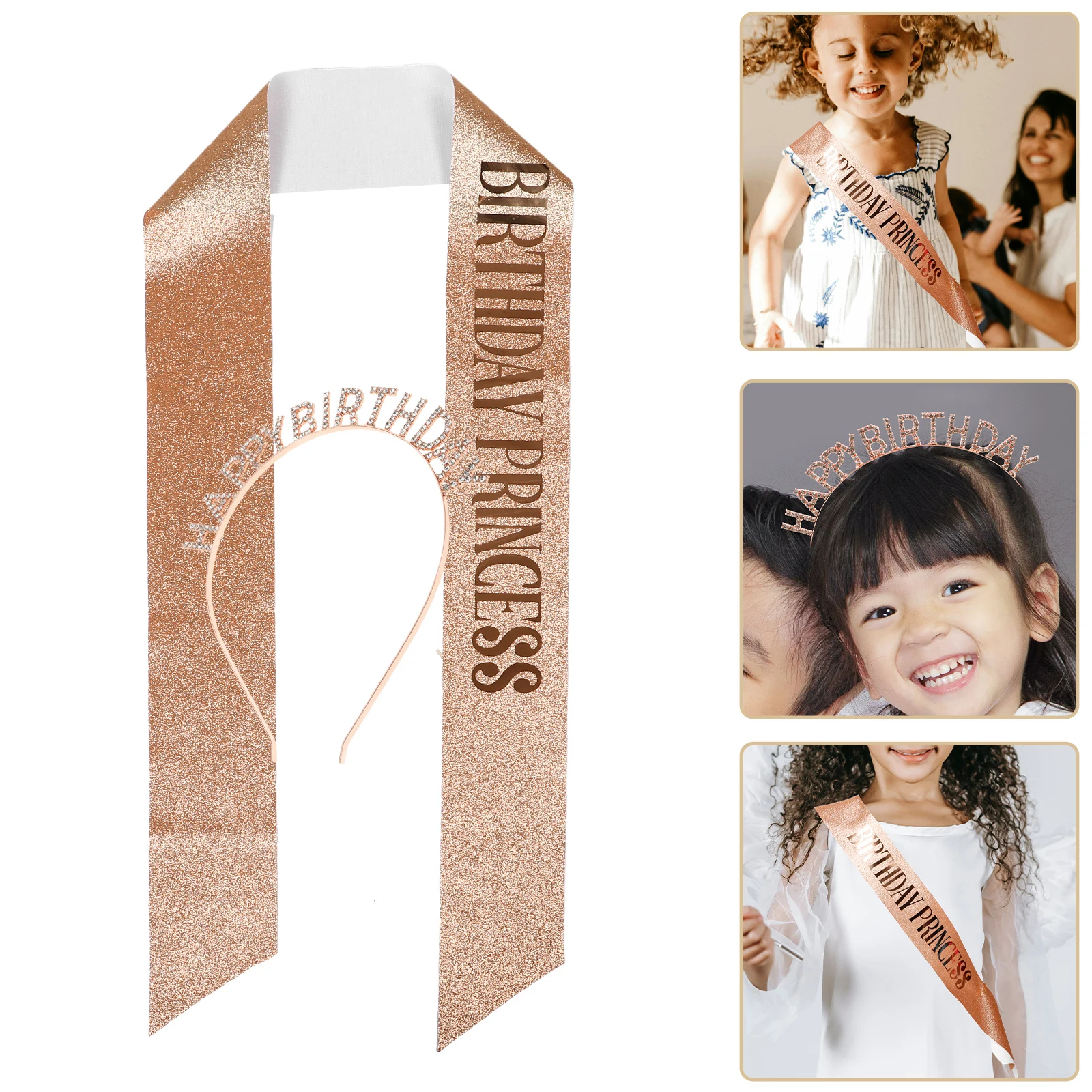 

1Set Princess Crown Birthday Headband Sash Adjustable Metal Polyester Girl Birthday Party Decor Sparkly Rhinestone