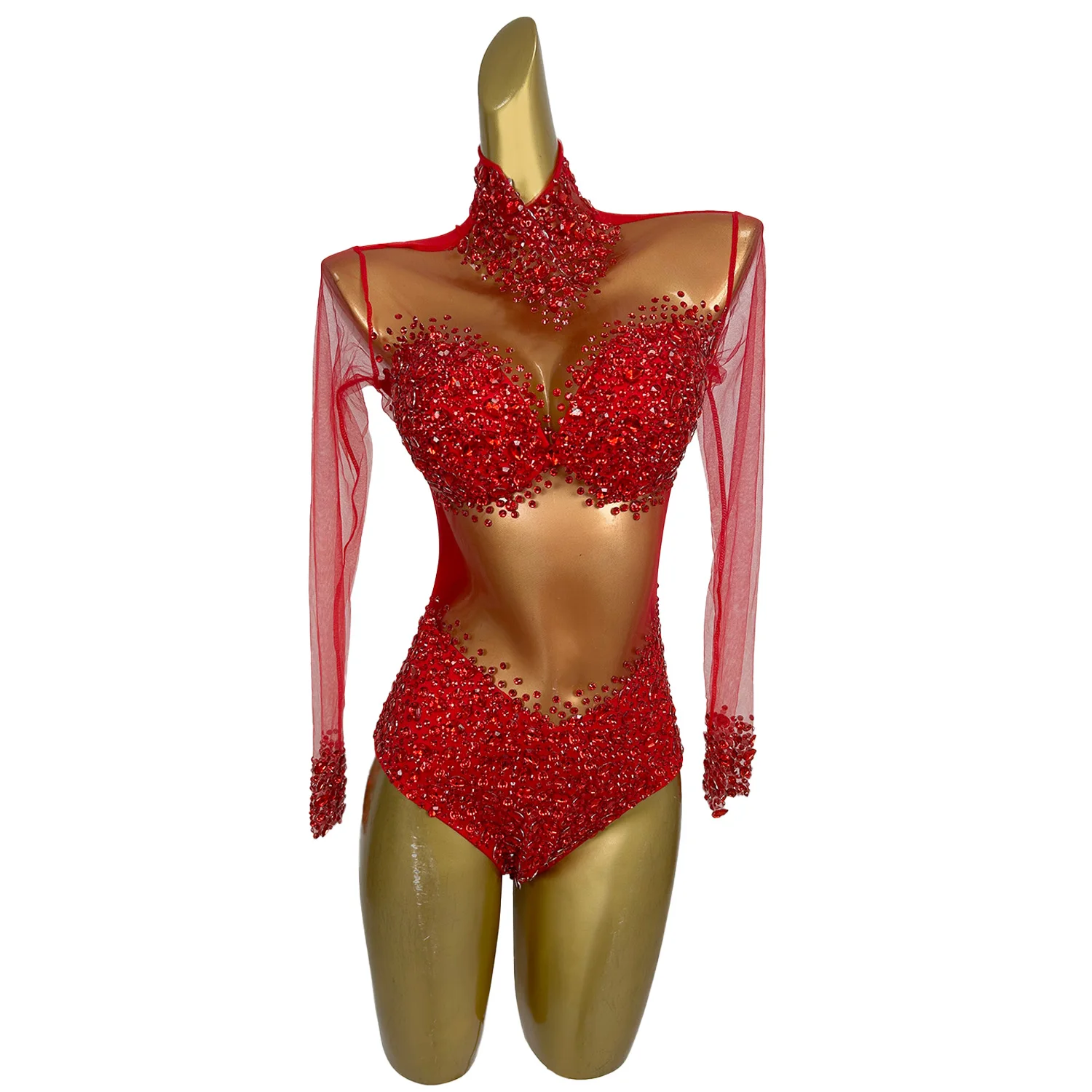 Sparkly Rhinestones Bodysuit Sexy Mesh Dance Costume Performance Leotard Women Nightclub Outfit Dancer Stage Wear Wangshazuan