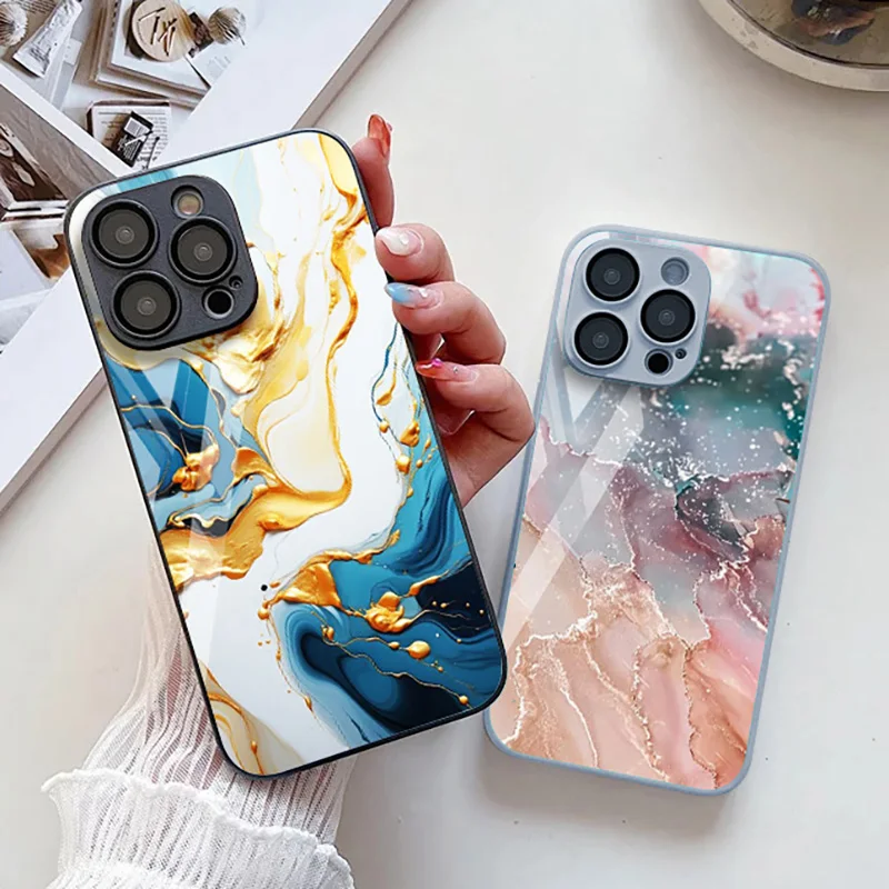 Tempered Glass Marble Stone Case For iPhone 16 Pro Funda iPhone 11 13 14 15 Pro Max 12 XR 7 8 Plus X Xs SE 16promax 13pro Covers