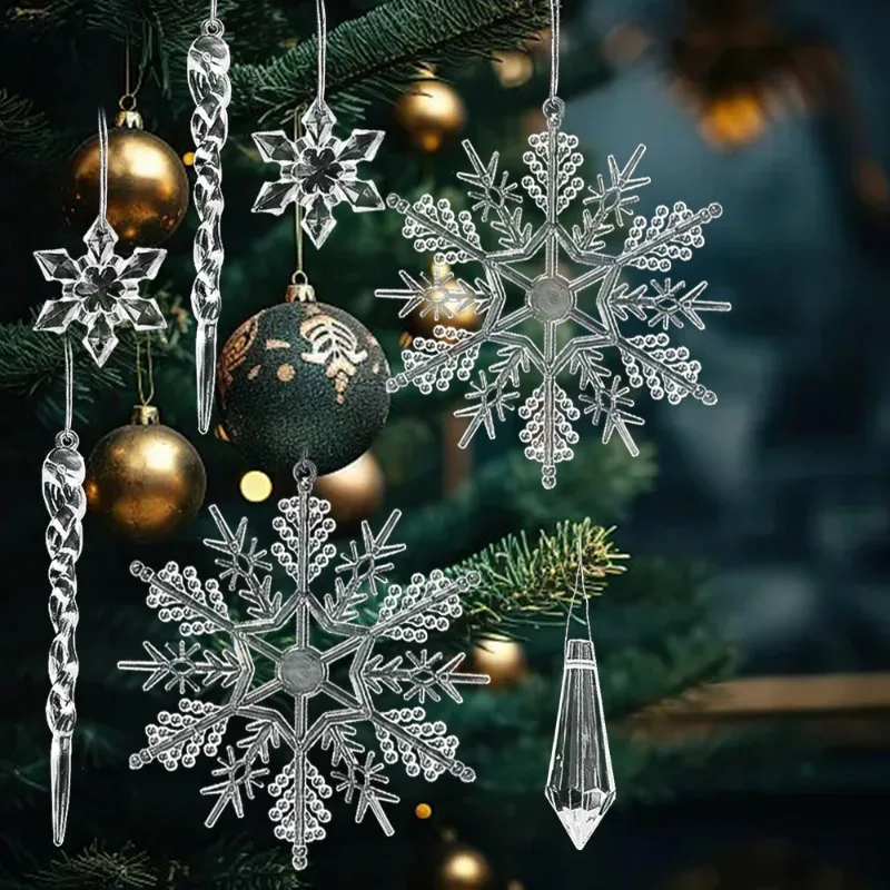 Clear Crystal Snowflake Icicle Pendants Acrylic Shiny DIY Christmas Tree Hanging Ornament Navidad New Year Party Home Decoration