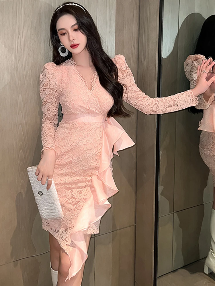 

Spring Autumn Fashion Women Evening Dress Chic Pink Lace V-Neck Wrap Slim Mini Dresses Party Prom Birthday Femme Mujer Vestidos