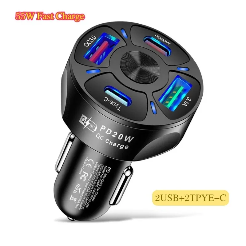

55W 4 Port USB Car Chargers Type C Car Charger Fast Charging PD20W QC3.0 Phone Charger Car Cigarette Lighter Flash Charge