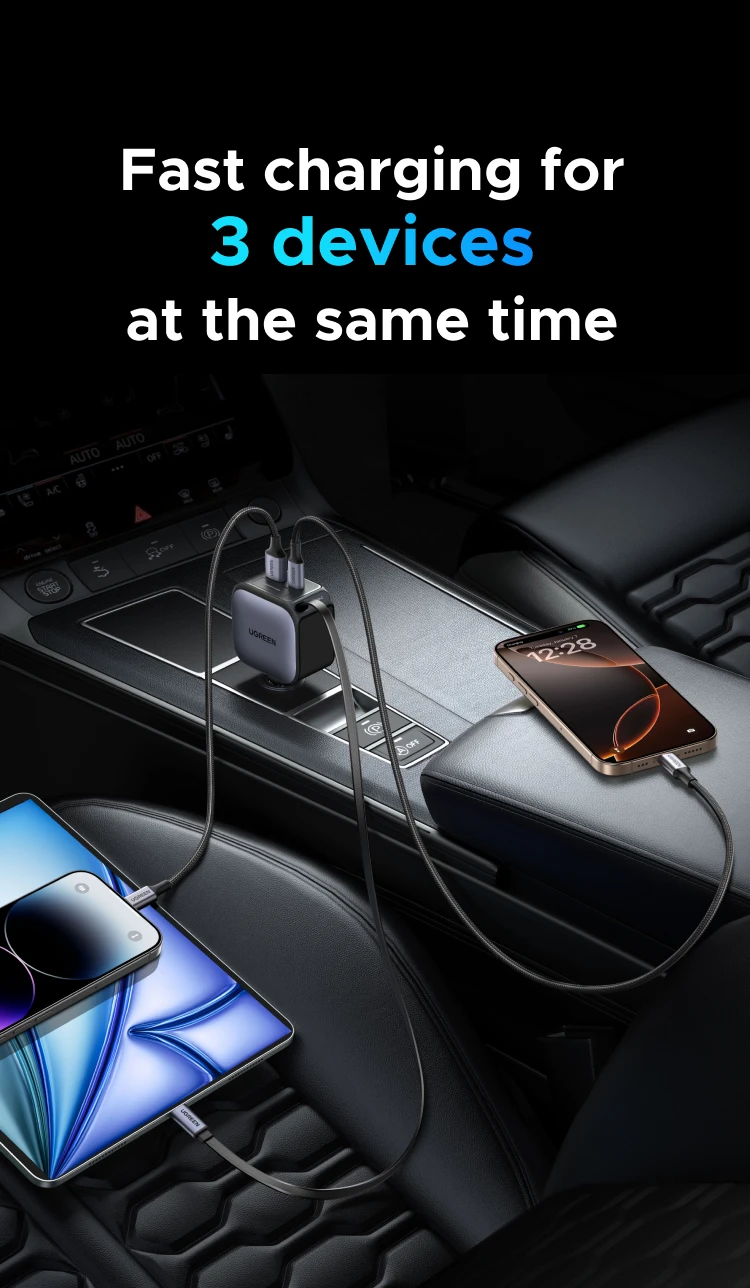 UGREEN 145W 90W 60W Car Charger 3 USB-C & 1 USB-A Ports PD QC4.0 Fast Charging with Retractable Cable for iPhone 18 17 MacBook