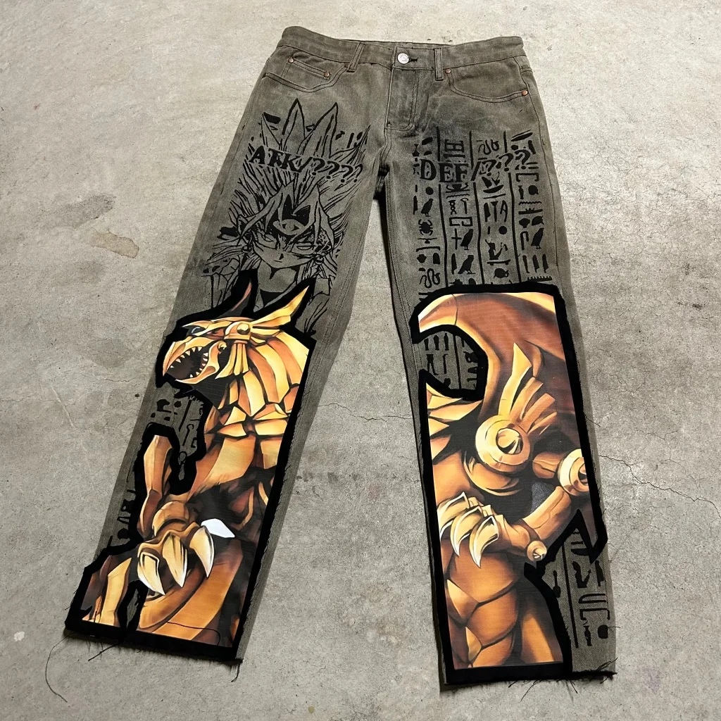 Harajuku y2k baggy jeans the winged dragon of ra print wide leg denim pants popular anime jeans streetwear trouser men clothing