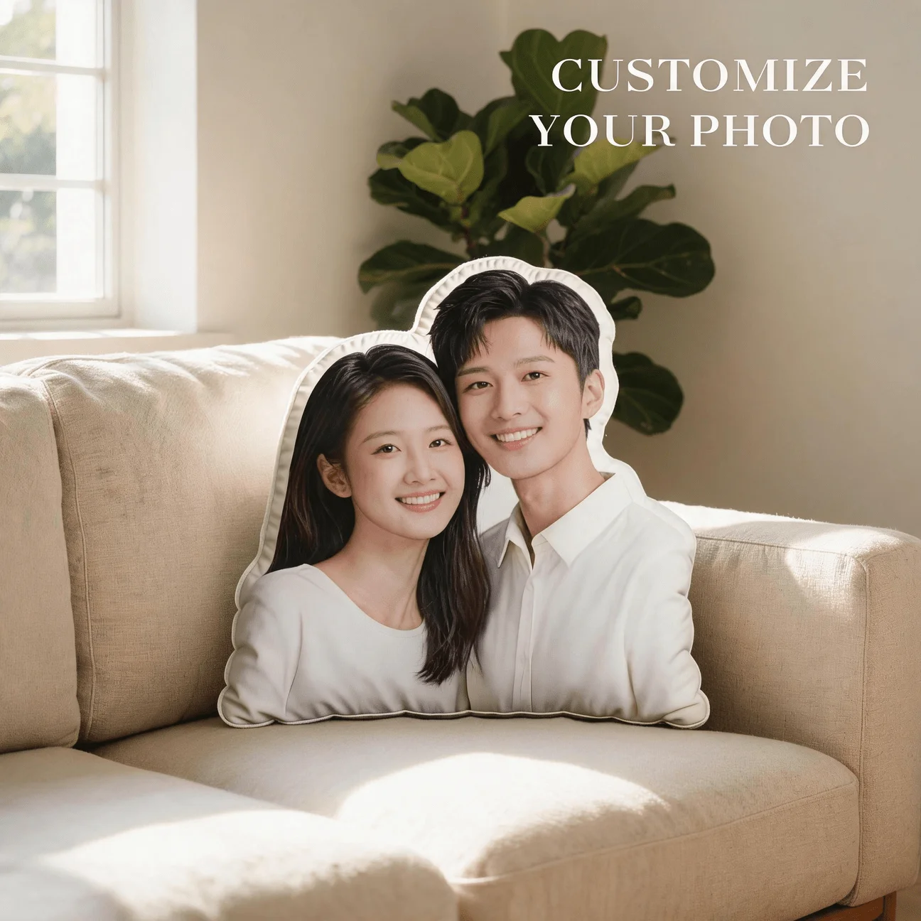 Personalized Couple Photo Shaped Pillow, Custom Picture Decorative Cushion with Smiling Faces, Unique Home Decor Accent for Sofa