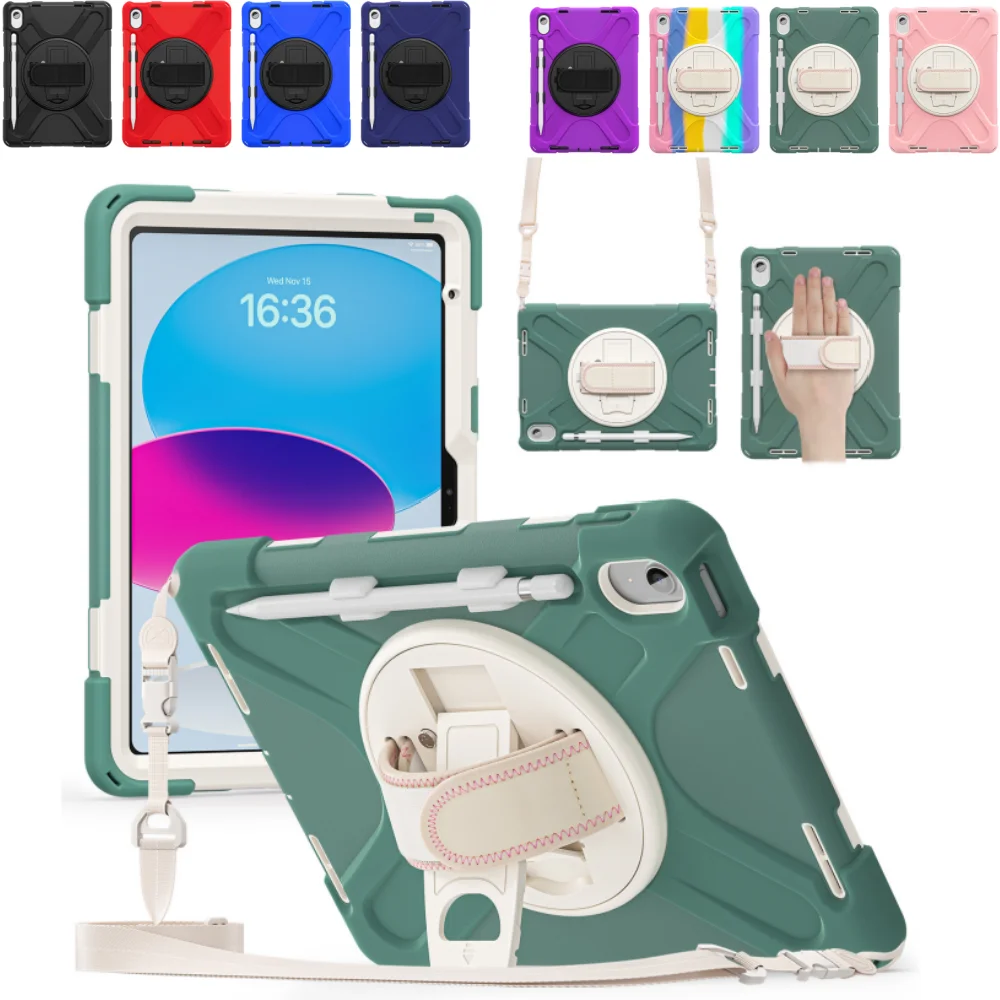 

Сверхмощный чехол для iPad 11th A16 11 дюймов 2025 A3355 A3356 10th 10,9" Защитный ПК + силиконовая подставка для планшета с ремешком