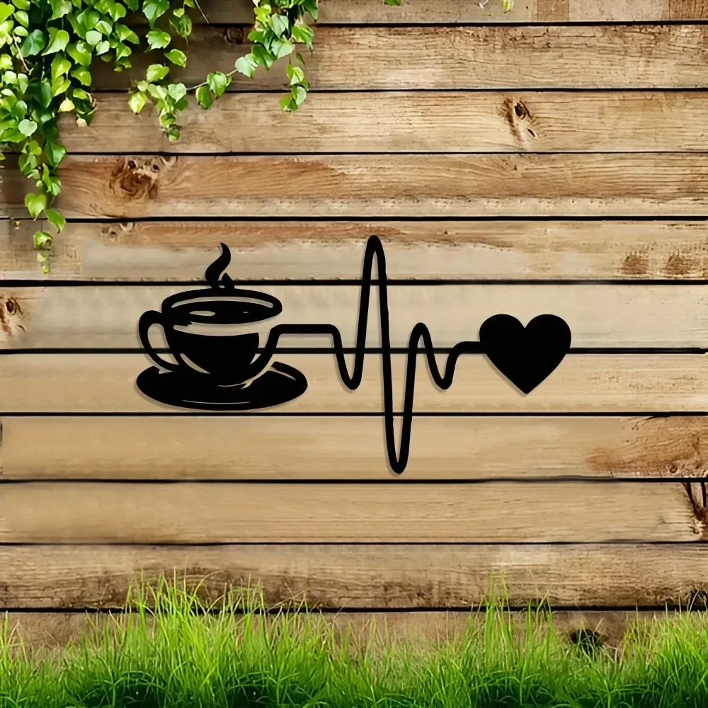 Vintage Laser Cut Iron Wall Art Plaque, Coffee Cup & Heartbeat Design, Durable Metal Decor for Home Cafe Office Garden