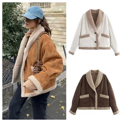 PB&ZA2024 autumn new women's clothing style simple fur integrated lapel long sleeved loose casual cotton jacket