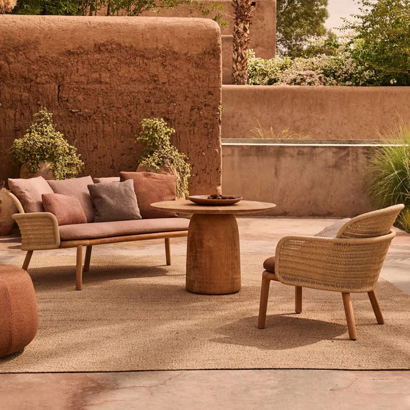 

Nordic outdoor round coffee table teak sofa rope woven small apartment outdoor living room side balcony table balcony