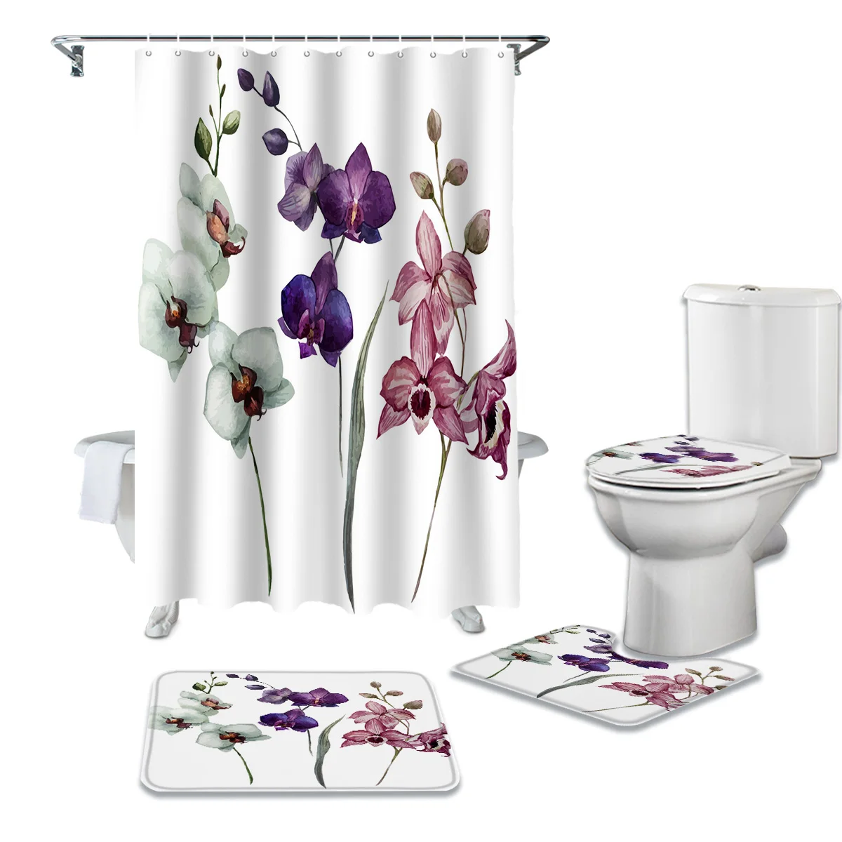 Colorful Orchid Flower Plant Art Durable Waterproof Shower Curtain Set Bathroom Rugs Carpet Toilet Seat Cover Pad Floor Mat