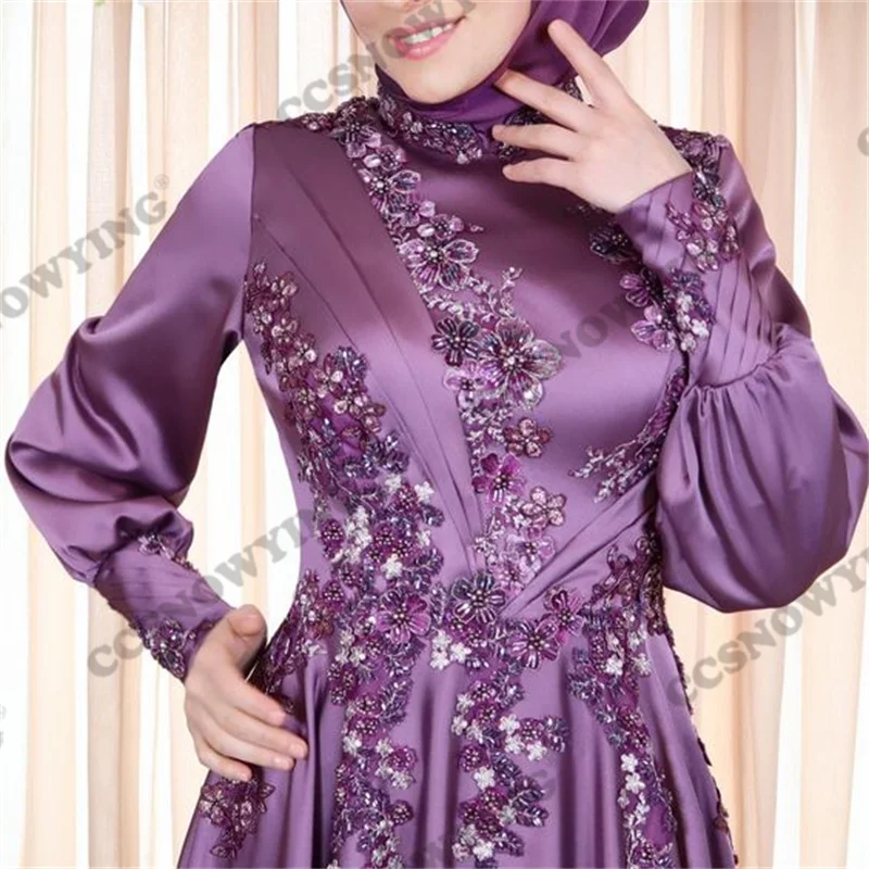 Purple Long Sleeve Hijab Muslim Evening Dresses Satin Appliques Islamic Formal Party Gown Women Arabic Kaftan Robe De Soiree