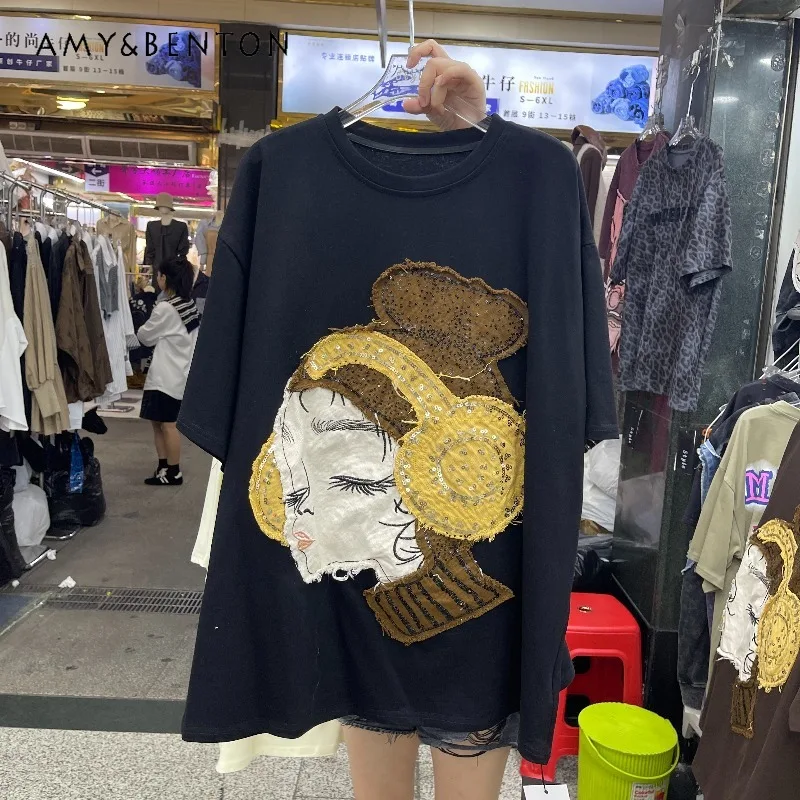 

2025 New Autumn American Style Loose Tees Heavy Industry Cartoon Y2k Short Sleeved T-shirt Pullover Top Casual Black Tees Ladies