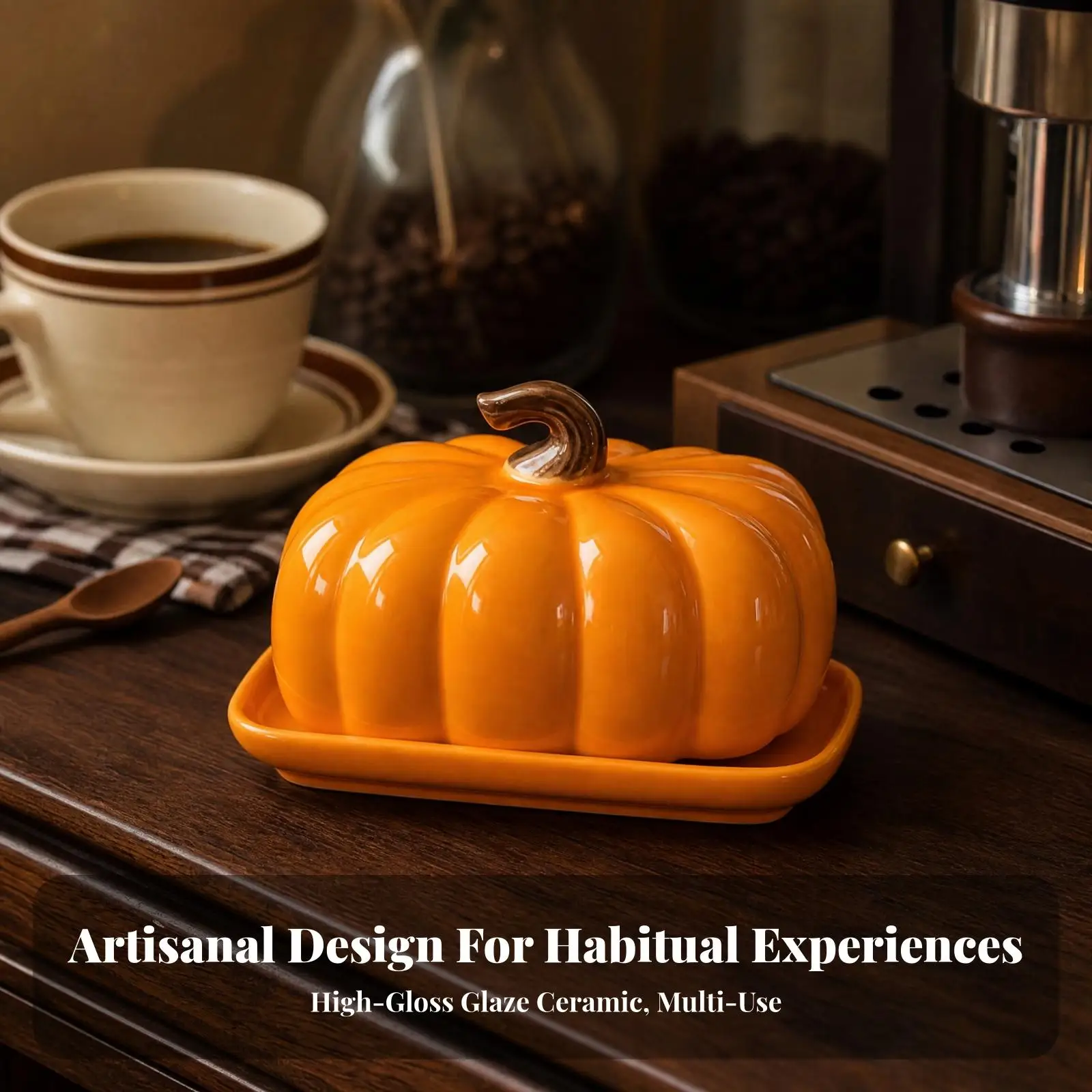 Ceramic Butter Dish with Stem Handle Lid Sleek Kitchenware Sturdy