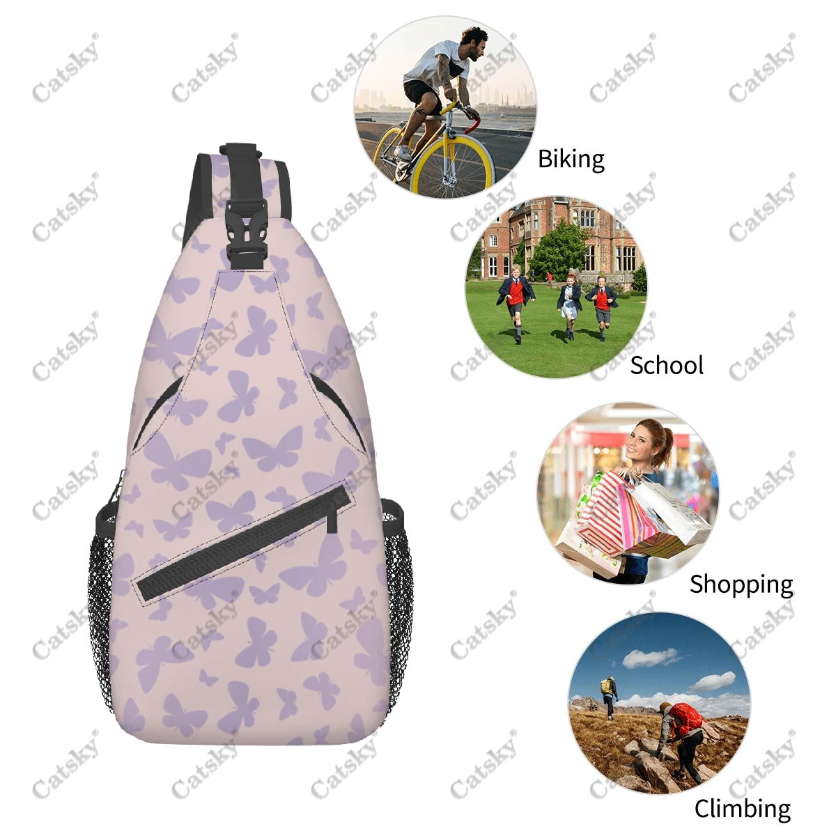 Bolso de hombro inclinado informal con patrón de mariposa para hombre y mujer, bolsa de pecho de gran capacidad, almacenamiento deportivo impreso, bolso cruzado