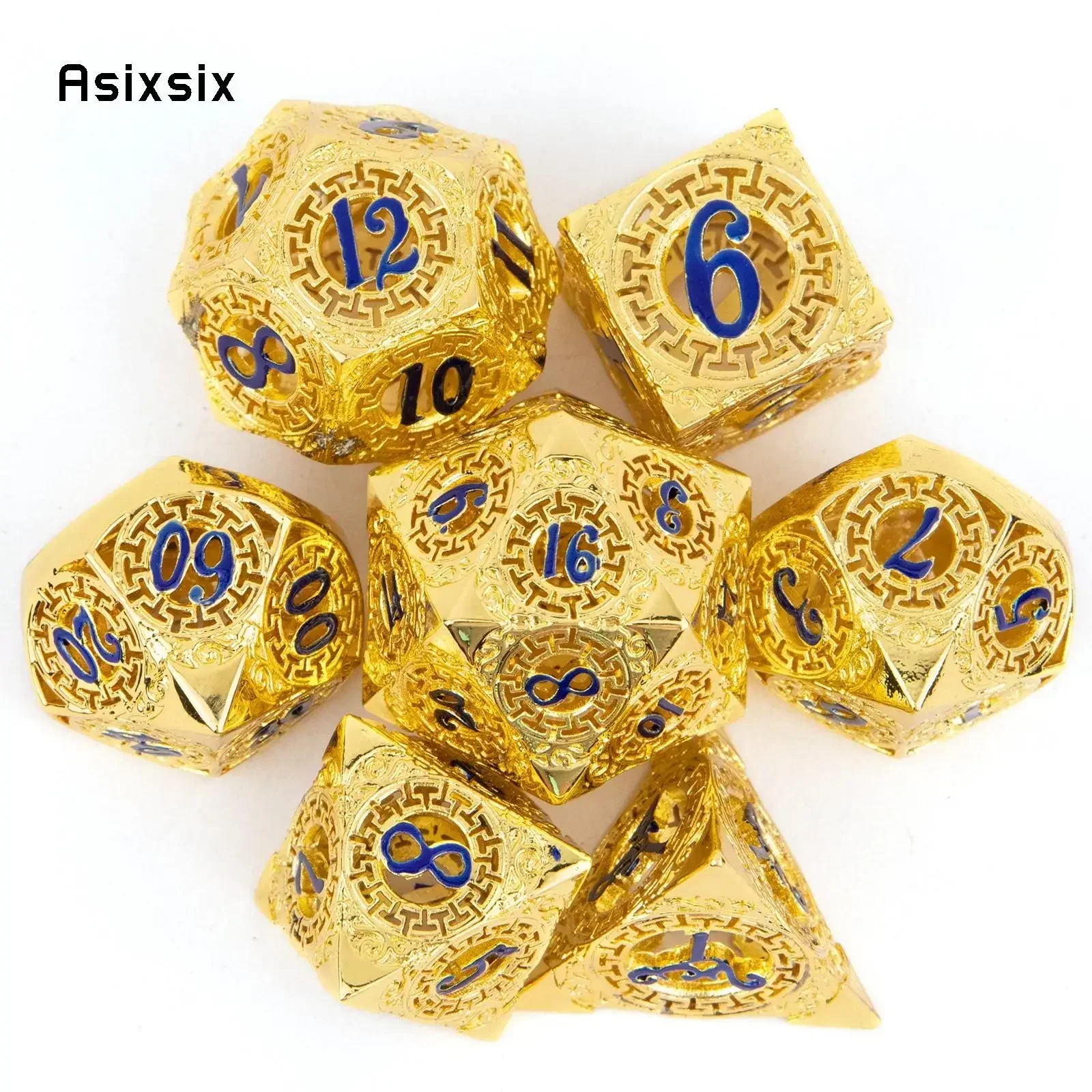 

7 Pcs Yellow Blue Gear Wheel Metal Dice Hollow Metal Polyhedral Dice Set Suitable For Role-Playing RPG Gift Card Game