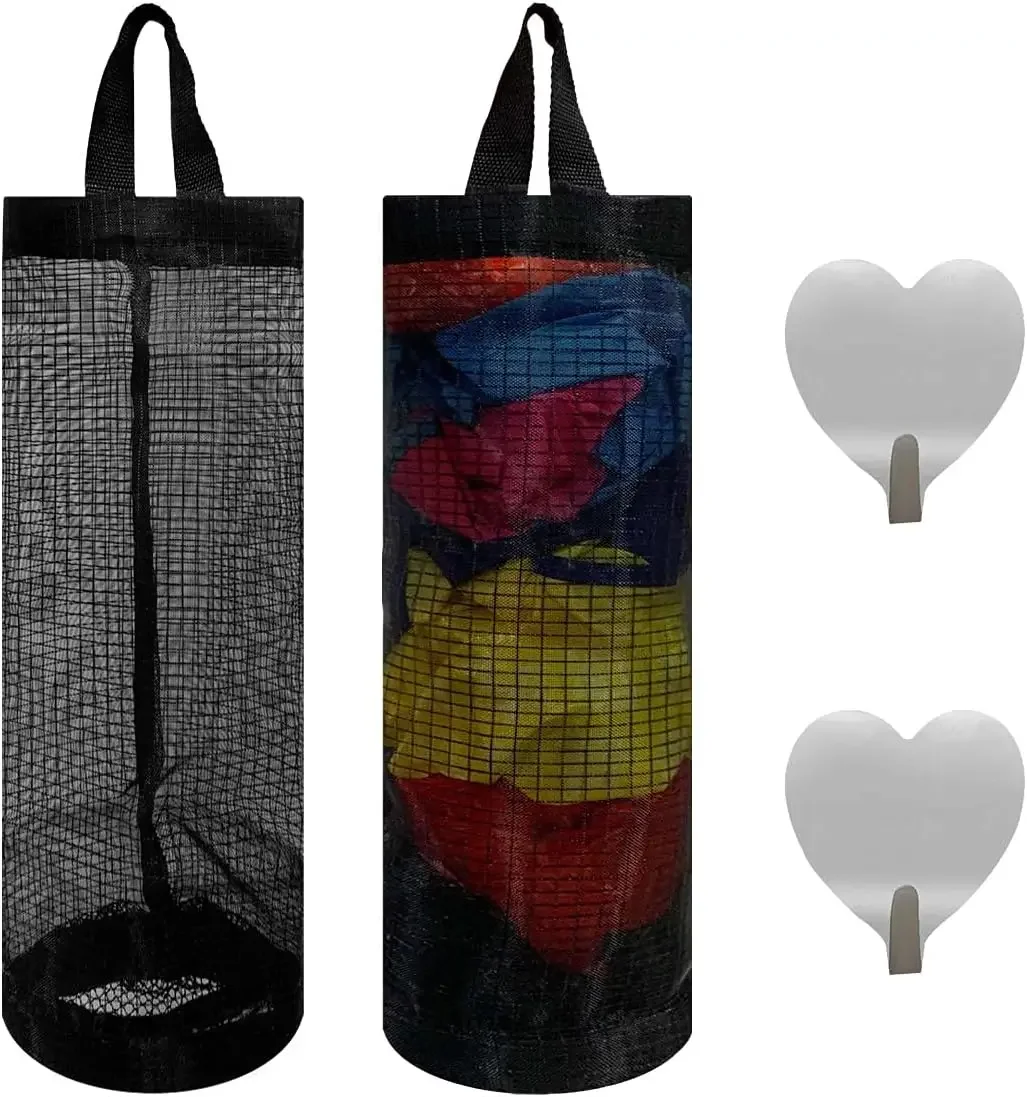 

Black Mesh Hanging Bag Holder with 2 Hooks for Kitchen Storage & Recycling