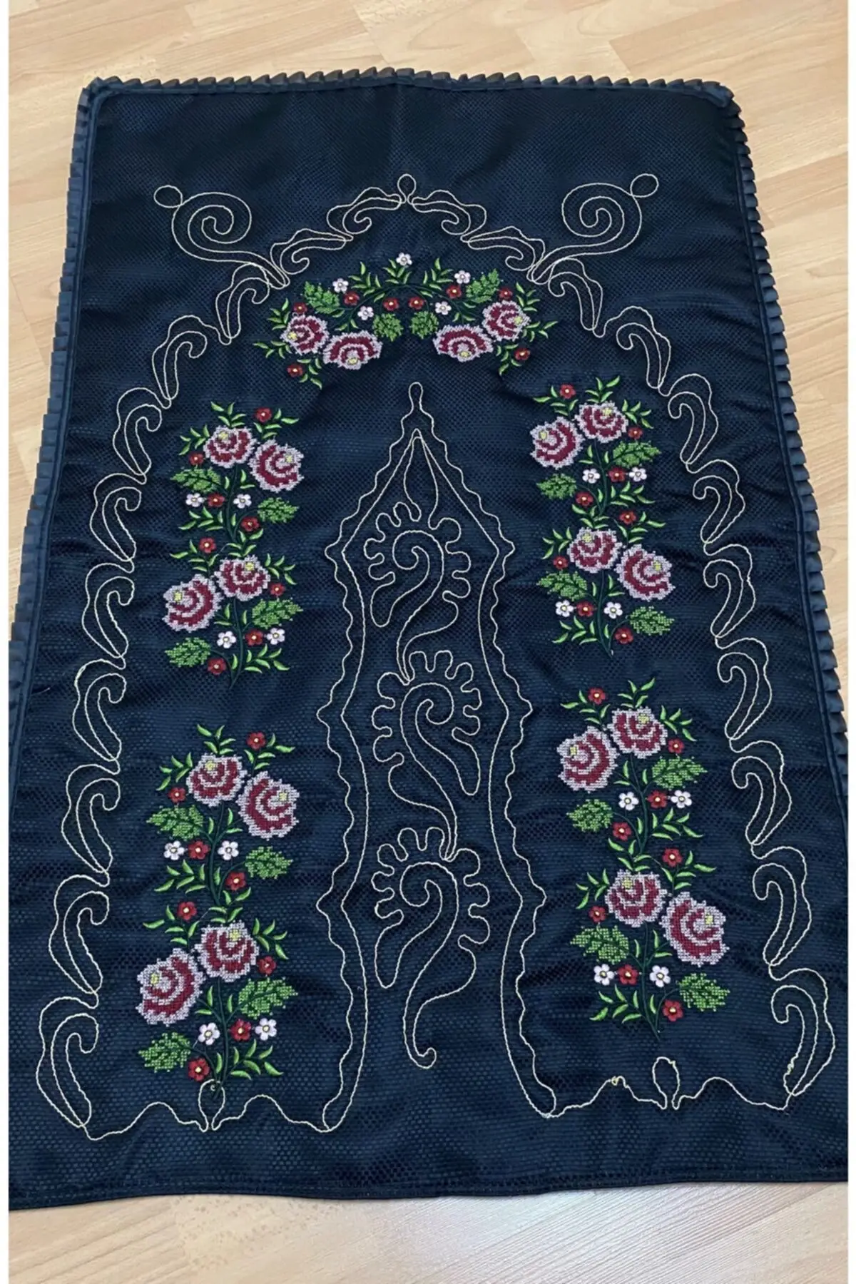 Dovi dowry cross stitch embroidery black satin Seccade Meditation Rug