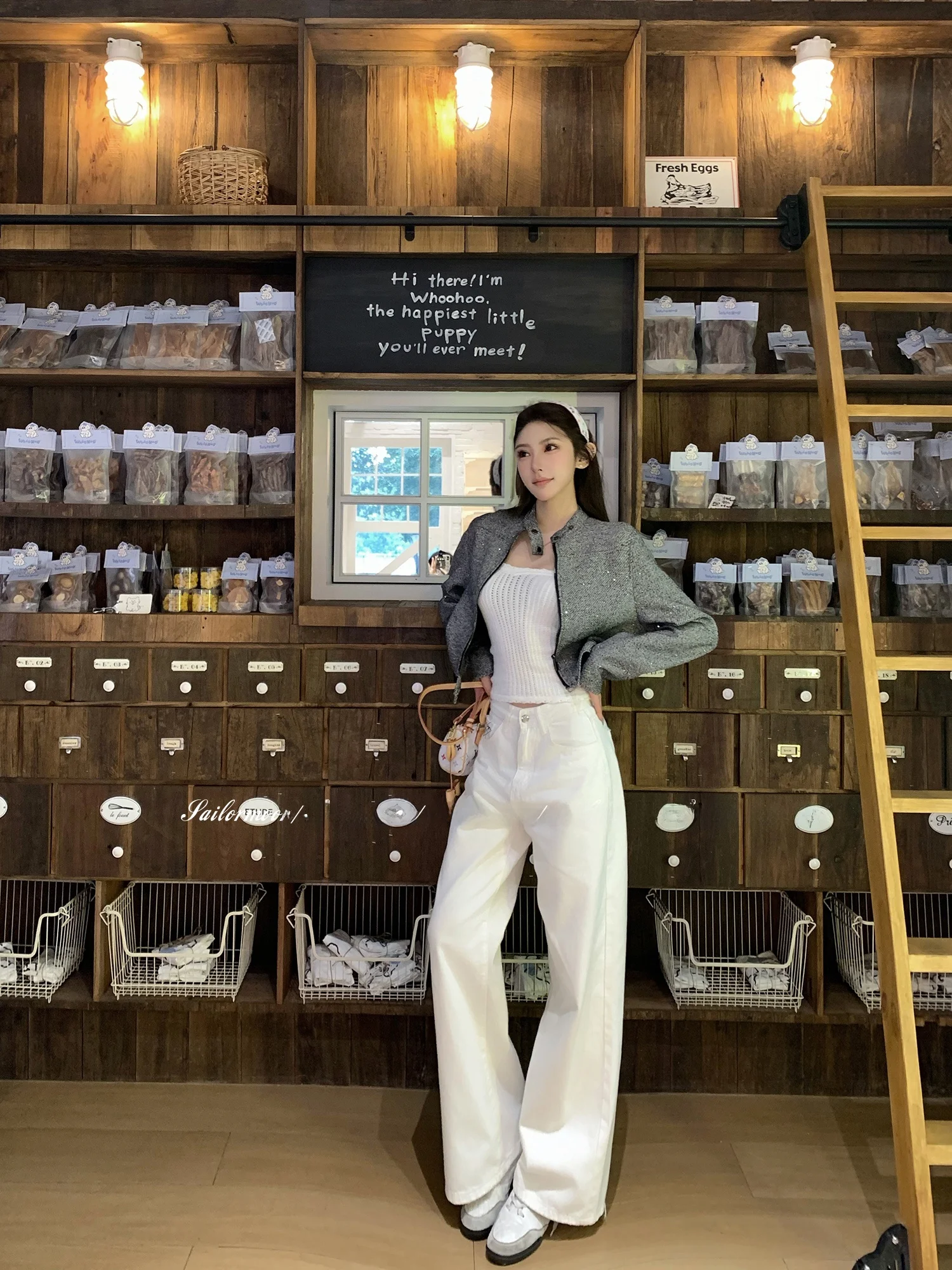 

F Project Cry Denim Floor-Length Printed Pants Slimming Wide Leg Jeans Dra Loose Fit l Waist Zipper Closure