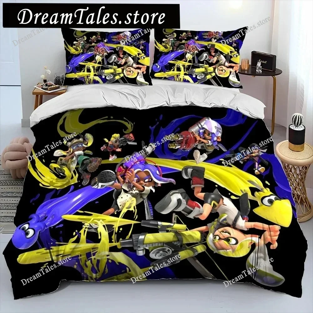 Conjunto de roupa de cama S-Splatoon Game Gamer Cartoon, conjunto de capa de edredom, capa de colcha, fronha, conjunto de roupa de cama tamanho King Queen Kids3