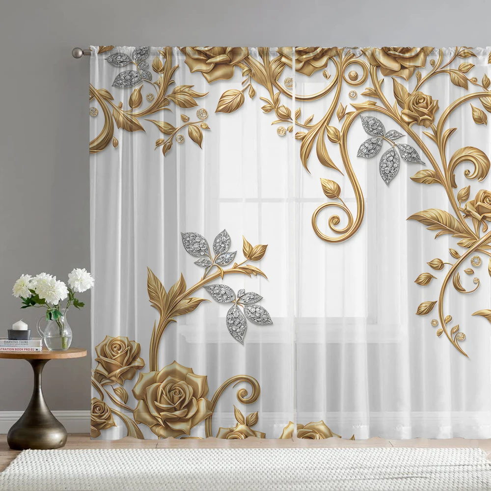 2PCS Home decoration gold floral diamond printed window screens with pole bags, suitable for kitchens, cafes, and living rooms