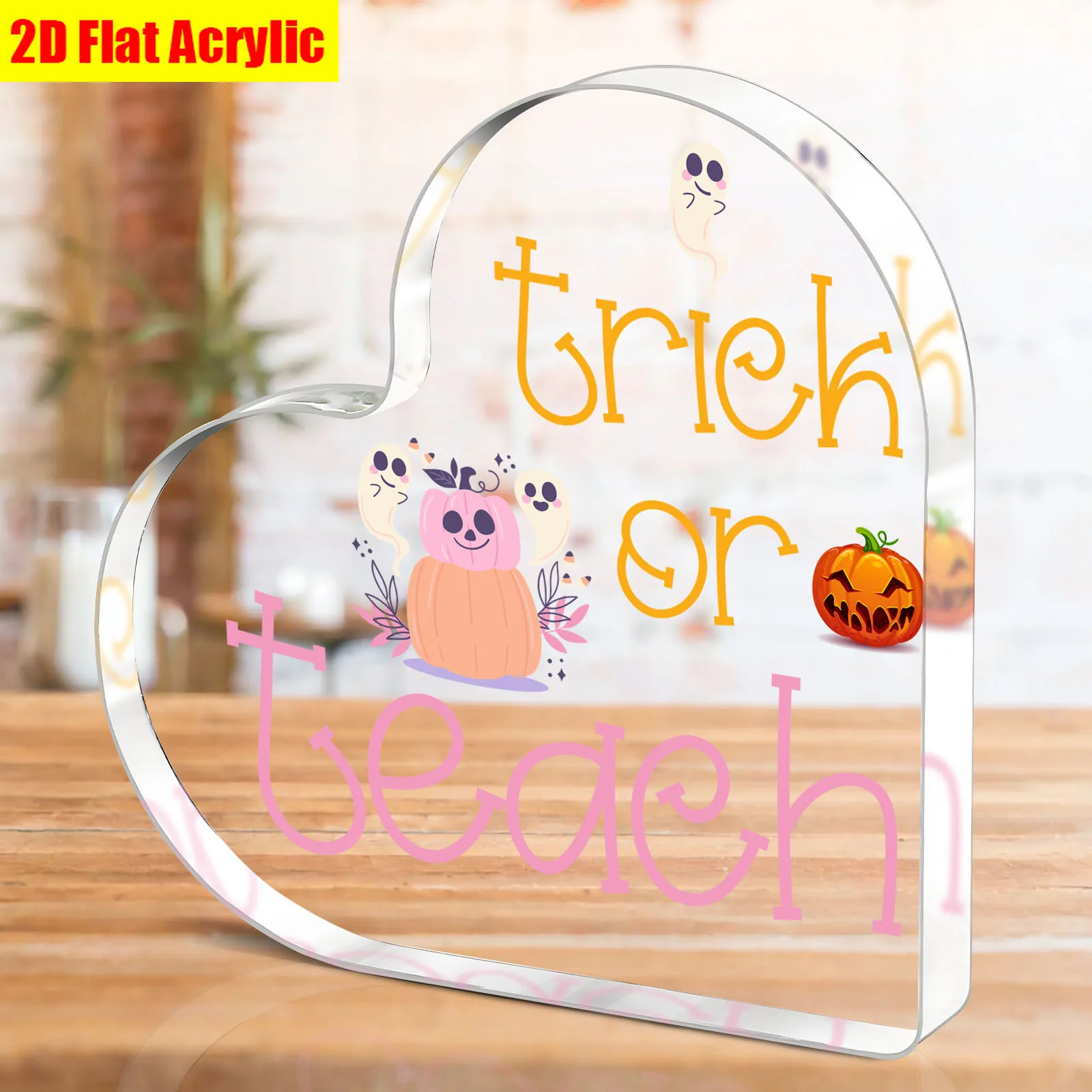 Trick Or Teach Heart‑Shaped Acrylic Plaque Cute Ghost Pumpkin Halloween Teacher Desktop Decor Gift Heart Acrylic Halloween Teacher Stand, Pastel Ghost Jack‑o‑lantern Tabletop Festive Ornament