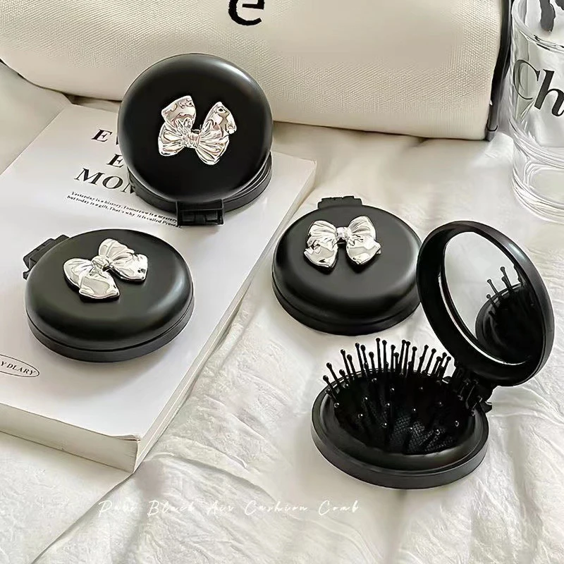 Cute Folding Massage Comb With Makeup Mirror Travel Portable Plastic Airbag Small Comb Hair Brush Bow Tie Air Cushion Comb