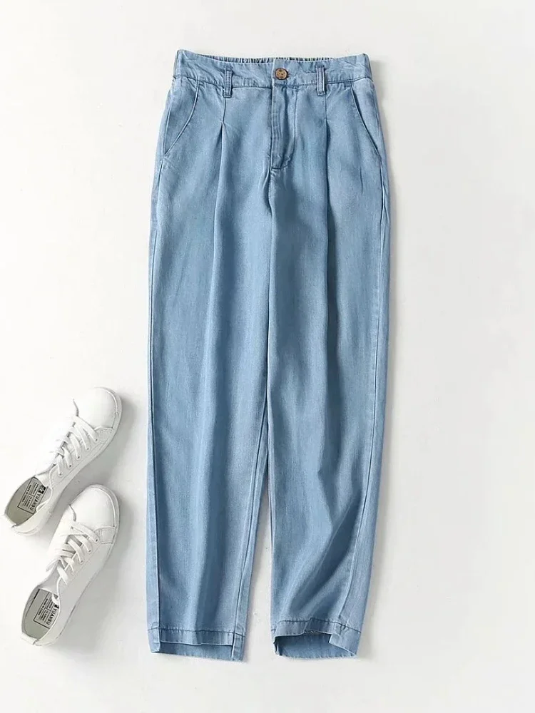 Pants for Women Summer Thin Imitate Denim Blue High Waist Loose Casual Ankle-Length Korean Style Fashion Harem   LJ115