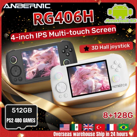 ANBERNIC 휴대용 비디오 게임 콘솔, RG406H, RG 406H, 4 인치 HD 화면, 안드로이드 13, 블루투스 와이파이 8G + 128G, PSP PS2 게임
