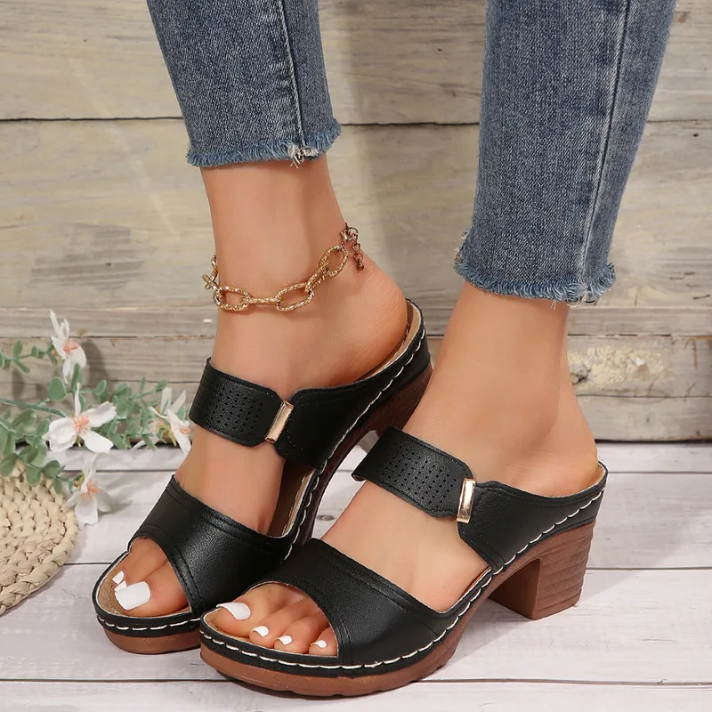 Thick Heel High Heel Sandals 2024 New Lightweight Hollow Solid Color Large Women's Slippers Fashionable and Trendy Design