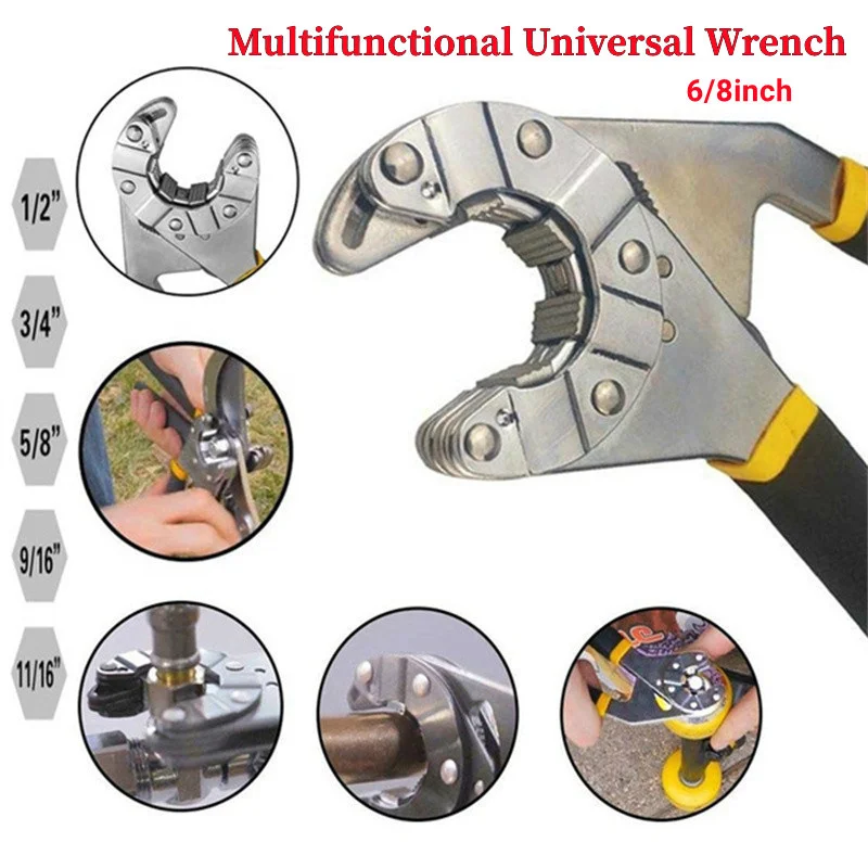 Outil à main de réparation universel réglable multifonctionnel, poignée d\'artisan chromée, 6 po, 8 po