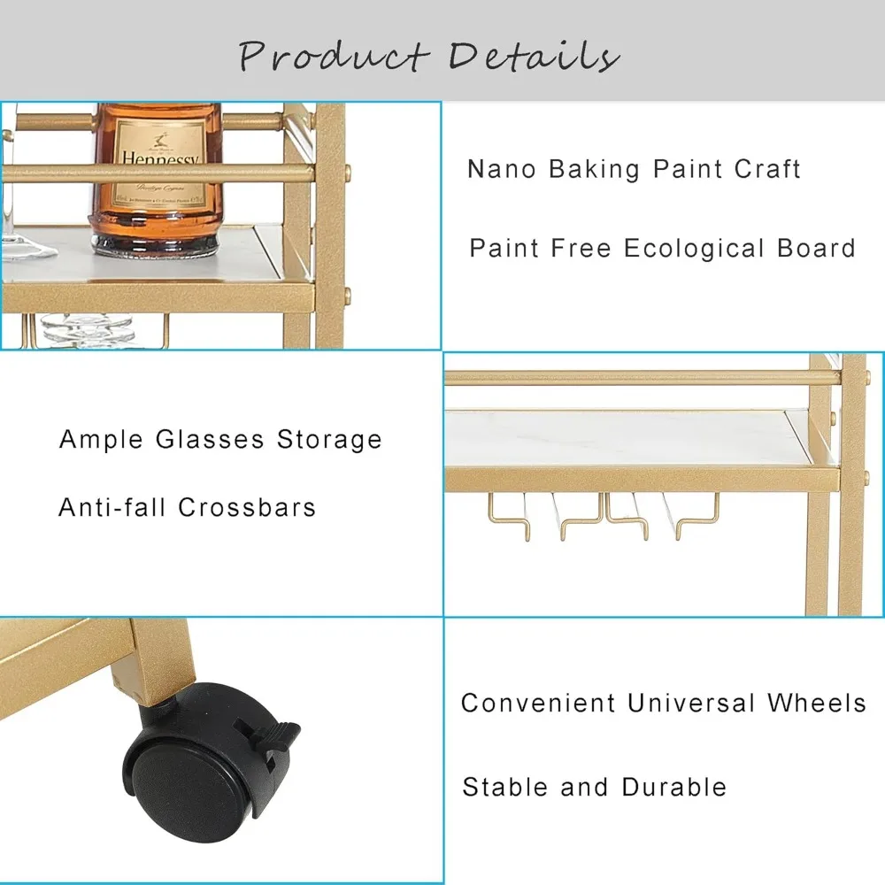 Chariot de bar doré avec 3 étagères, chariot de service de bar de stockage de bouteilles de verre de vin avec roulettes pour cuisine salon (31,5 pouces de largeur, blanc)