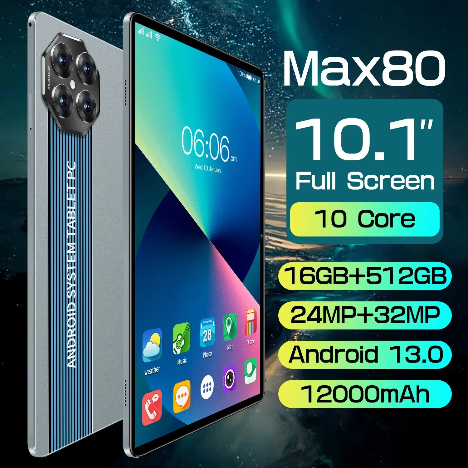 MAX80 Android 13 Tablet: 10.1-inch HD Screen, Dual SIM Dual Standby, 16GB Memory, 12000mAh Battery, GPS Satellite Positioning