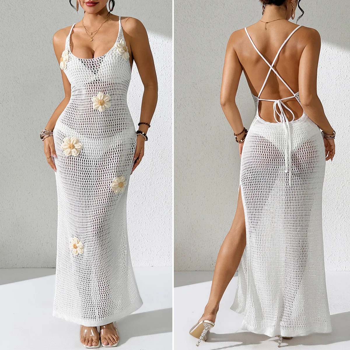 Sukienka w stylu euroamerykańskim, miękka dzianina, seksowny rozcięcie z boku, ręcznie robiona na szydełku sukienka w kwiaty, wiązana na plecach, sukienka plażowa, letnia sukienka.