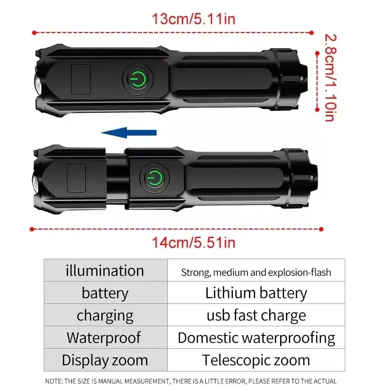 LED Camping Torch Flashlight High Power Rechargeable USB Spotlight Zoom Lantern Built-in Battery For Fishing Outdoor Waterproof