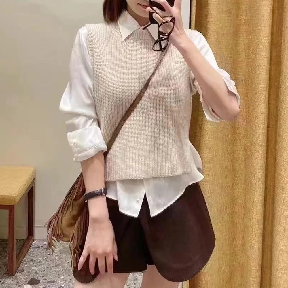 

Свободный женский вязаный жилет с верхним слоем абрикосового цвета, весна-лето, новый женский модный облегающий круглый жилет