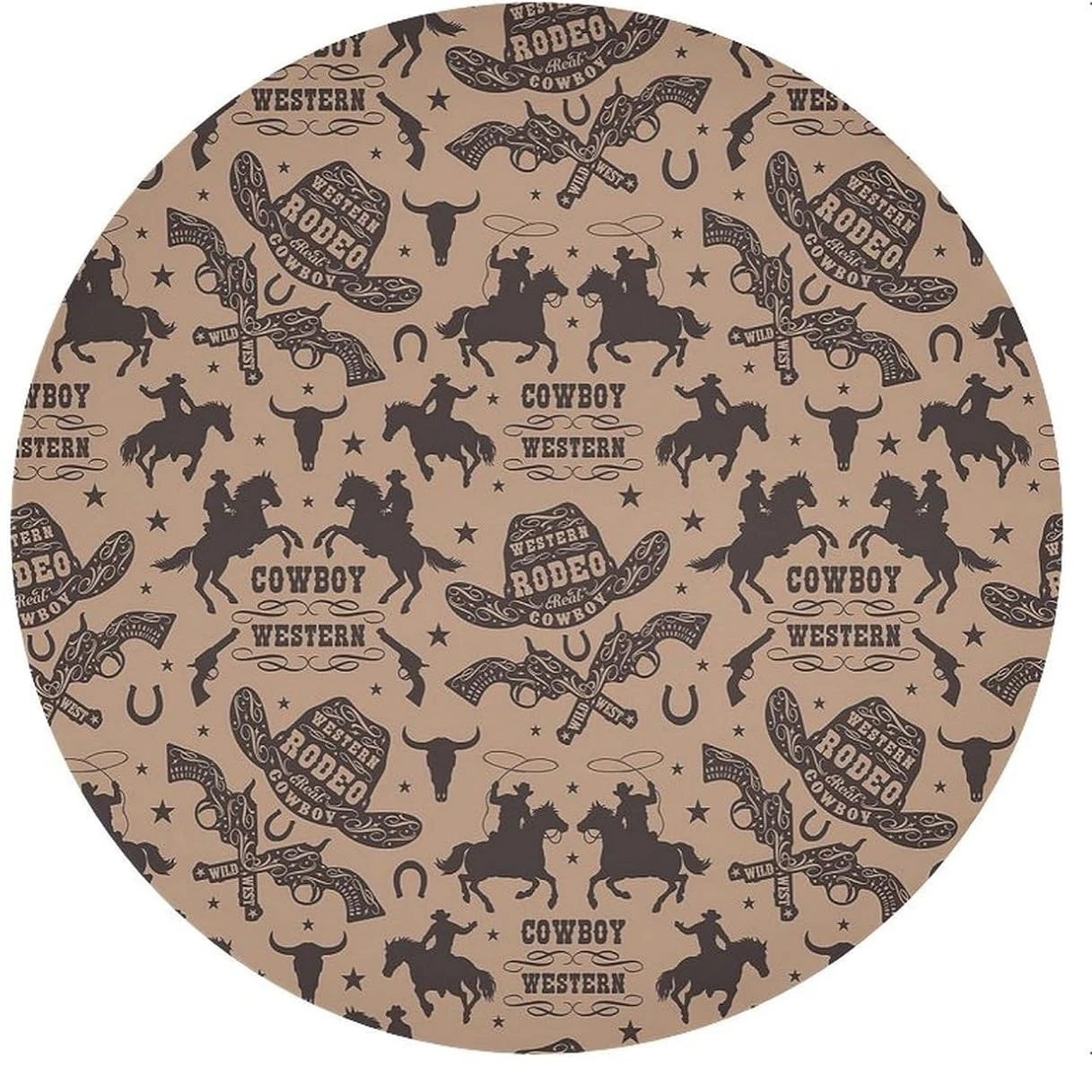 Farmhouse Western Cowboy Round Tablecloth Vintage Country West Cowboy Riding Horses Print Washable Cover for Home Party