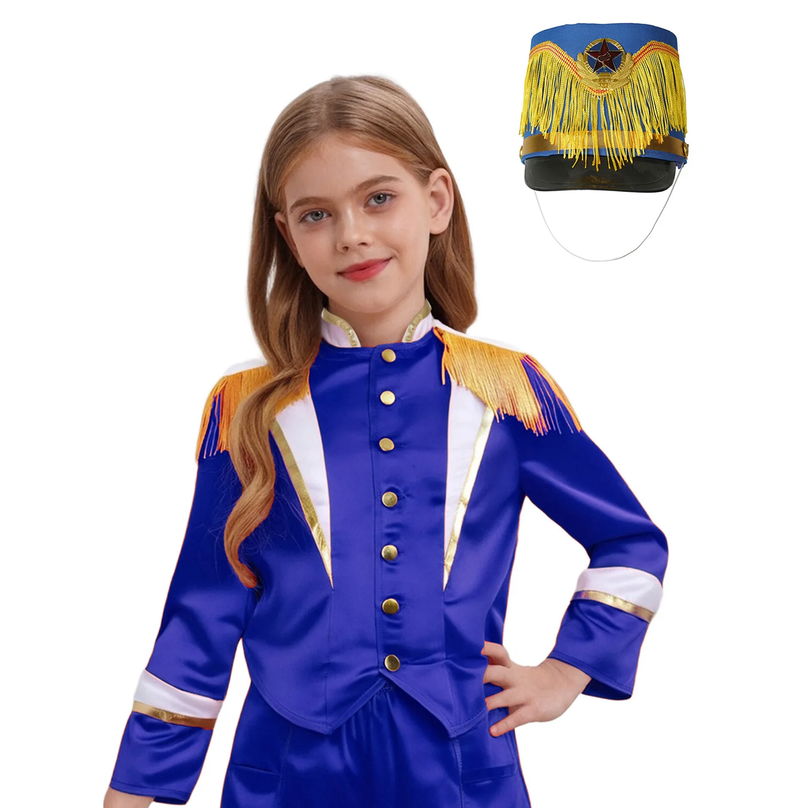 

Girls Boys Drum Band Uniform Tassels Shoulder Long Sleeve Jacket Outerwear+Hat for Halloween Christmas Drum Major Marching Band