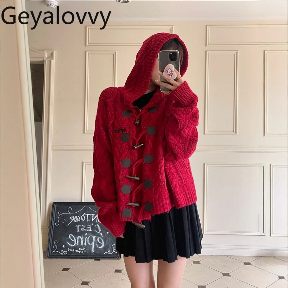 Japanese Style Thick Knit Cable Oversize Hooded Sweater Jacket Casual Horn Button Long Sleeve Women's Sweet Knitted Cardigan