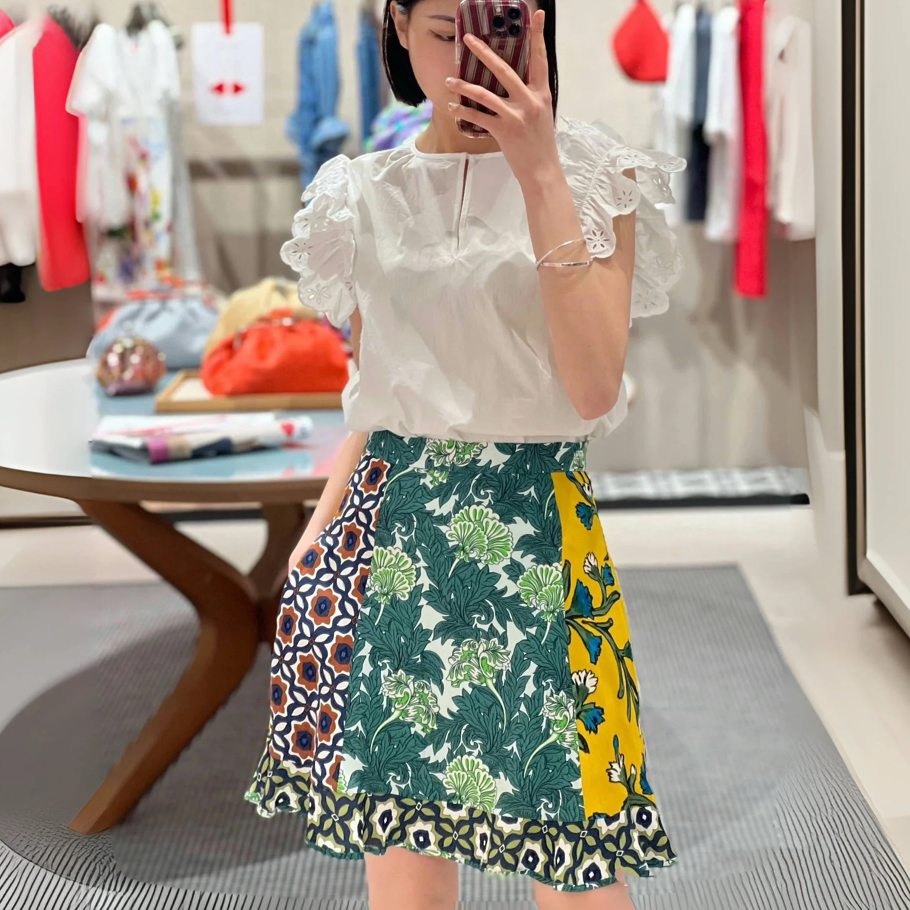 

French Style Cotton Lace Shirt Bubble Sleeve Color round Neck Short Sleeve Women's Summer Blouse Weekend Fashion