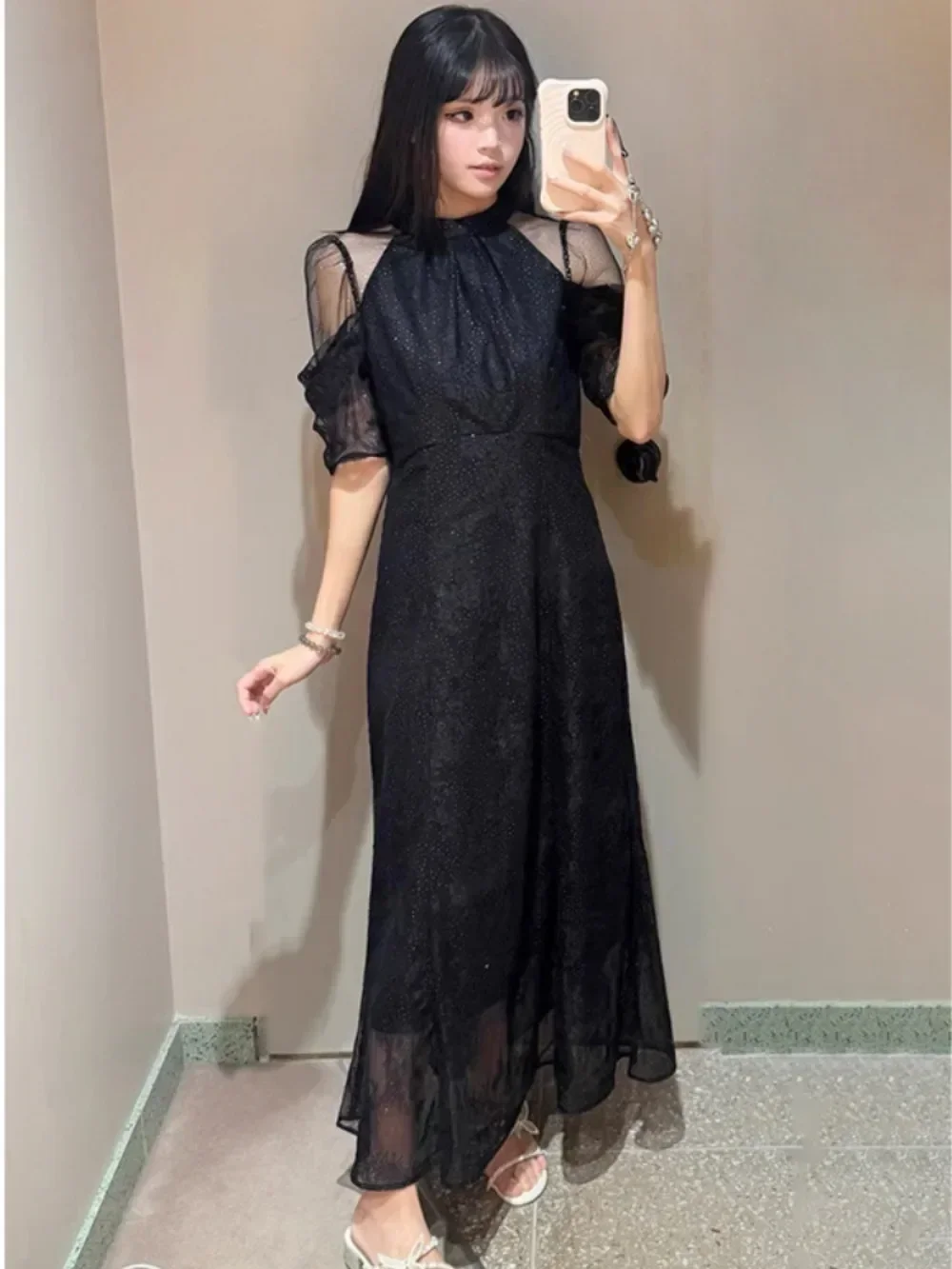 Heavy Work All-match Stand Collar Off Shoulder Lace Dress Sweet Puff Sleeve Solid Slim A-line Robe 2024 Autumn New Japan Vestido