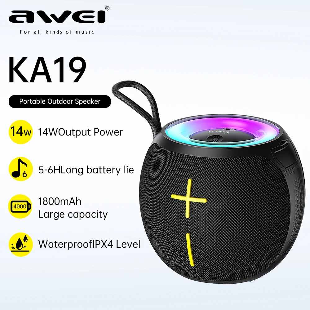 

Awei KA19 колонка bluetooth мощная портативная уличная Bluetooth-Колонка 360 °, стерео звуковая коробка 12 Вт 66 мм, Bluetooth-колонки, 1800 мАч, мини-звуковая панель, новинка блютуз колонка