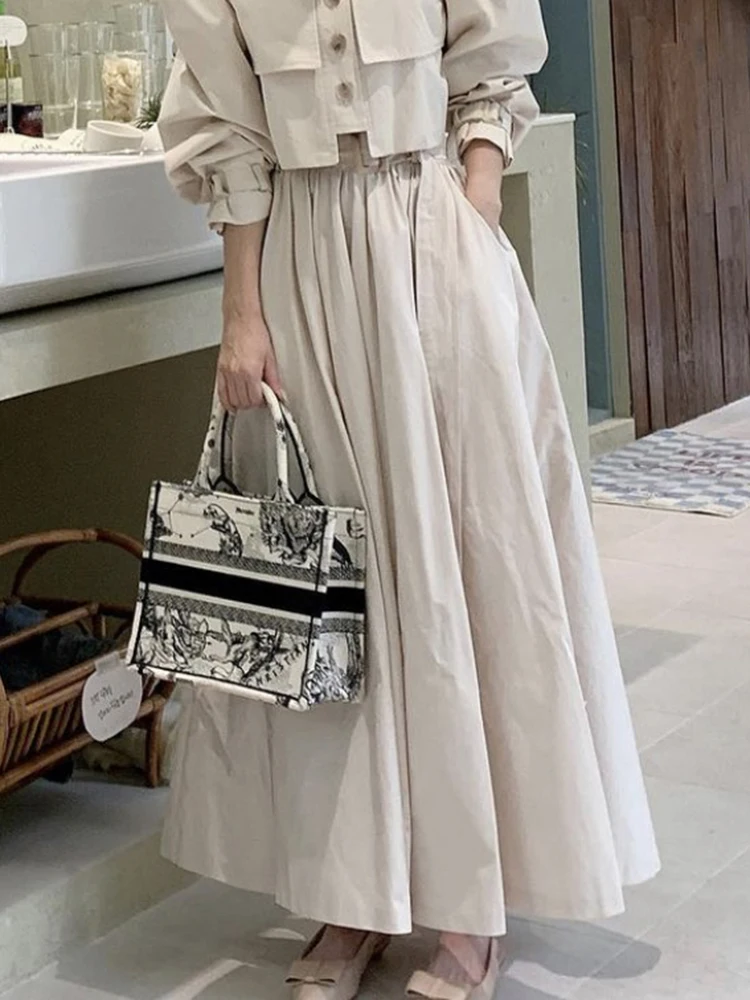 GALCAUR Patchwork Drawstring Skirts For Women High Waist Loose Folds Temperament A Line Korean Maxi Skirt Female Summer Clothes