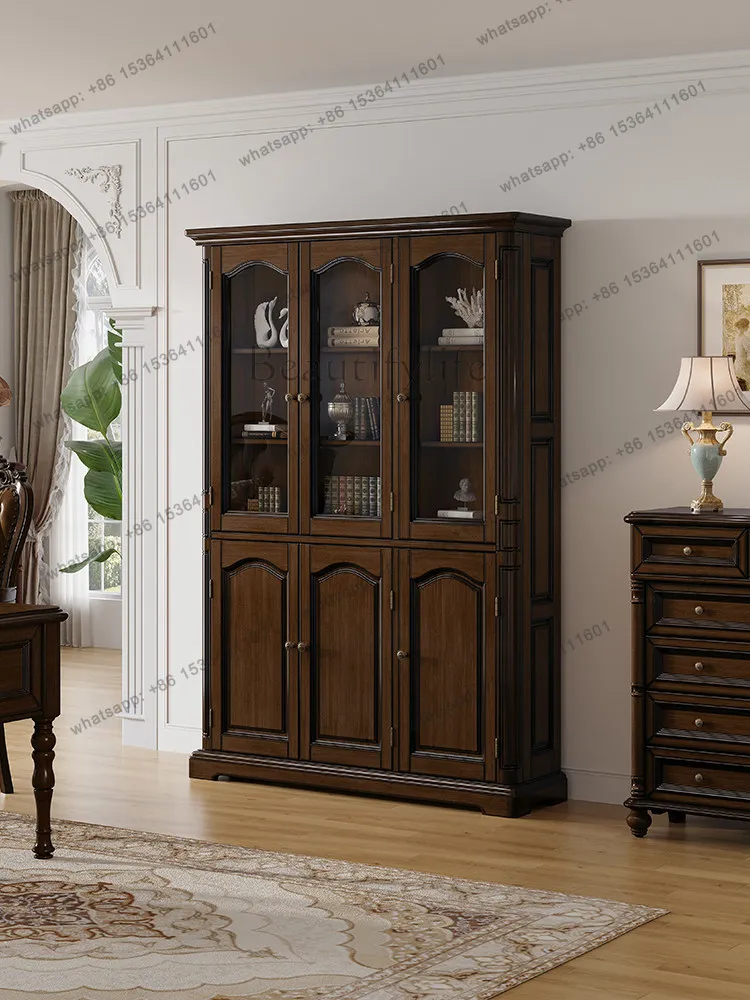 Solid wood bookcase with glass door American retro three-door storage locker