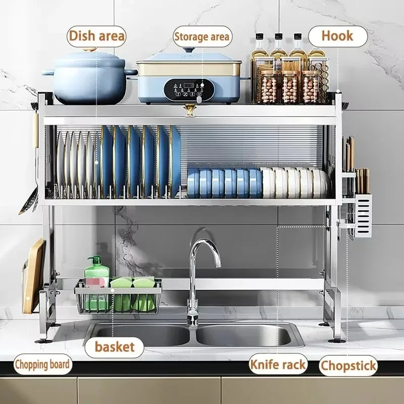 Over Sink Dish Drainer Rack Stainless Steel 2 Tier Storage Large Capacity Kitchen Countertop Cutlery Organizer Dustproof Cabinet