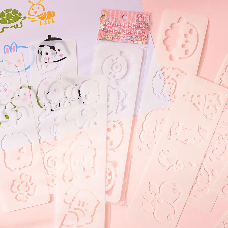 8 Pcs Kawaii DIY Template Graffiti Painting Hollow Out Decorative Stencils Embossing Picture Book Decoration School Stationery