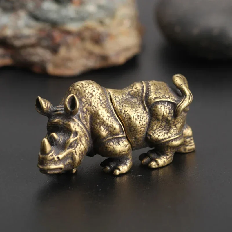 Vintage Brass Rhino Sculpture Home Decoration Jewelry Crafts Miniature Statue Desk Decoration Accessories Handmade Animal Decor