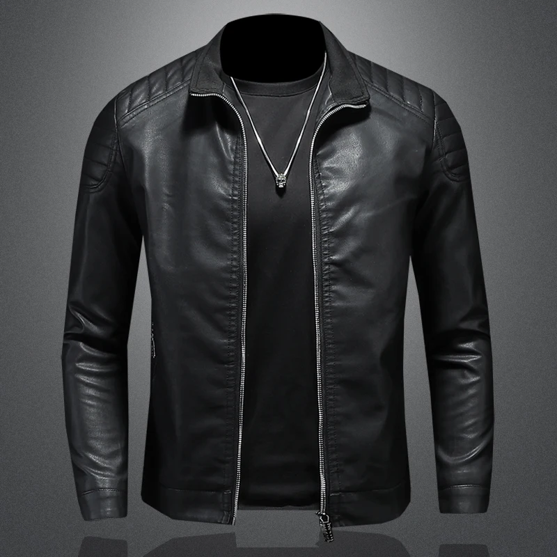 Męska skórzana odzież moda Slim Fit Zipper skórzana kurtka jednokolorowa na co dzień kurtka Moto Biker skórzany płaszcz mężczyźni motocykl kurtka