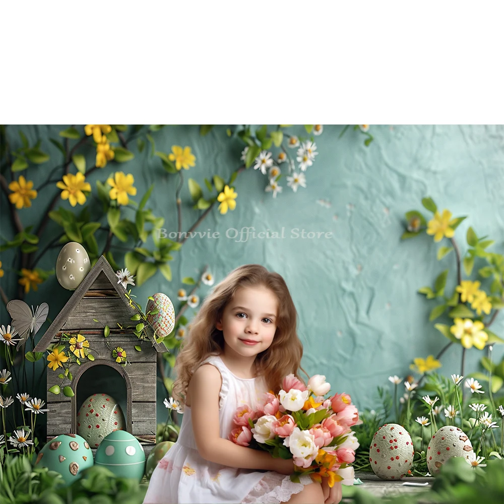 Bonvvie Easter Backdrop for Photography Spring Flower Rabbit Eggs Floral Bunny Easter Baby Cake Smash Portrait Photo Background