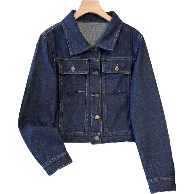 Vintage Washed Dark Blue Short Denim Jacket Women Autumn New Loose Turndown Collar Long Sleeve Cowboy Outerwear Jaqueta Feminina